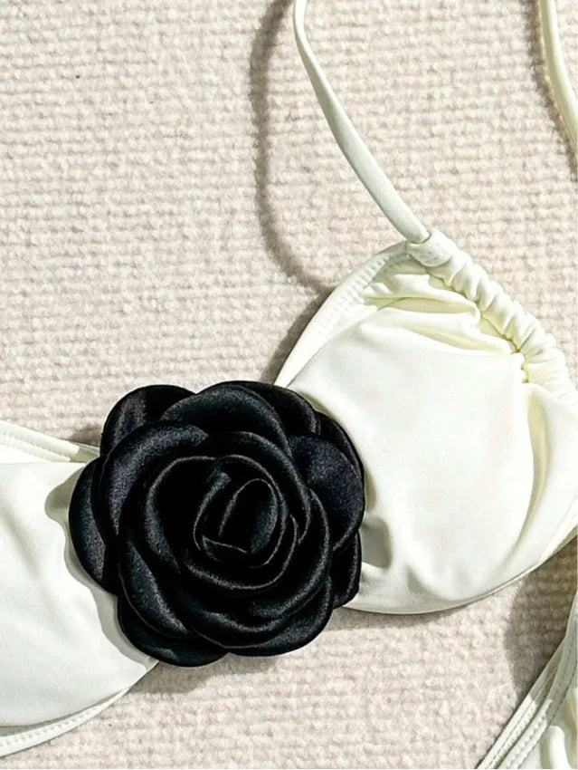 Sexy 3D Flower Patchwork Swimwear Thong Bikini 2024 Women Lace-up Swimsuit Halter Drawstring Swimming Bathing Suit Biquini Mujer