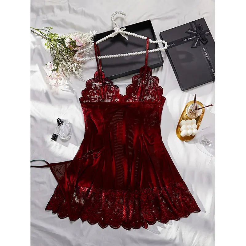 Summer Sleeping Skirt Sexy Lingerie Women See Through Sleepwear Thin Halter Nightdress And Thong Set Female Sexy Lace Nightgowns