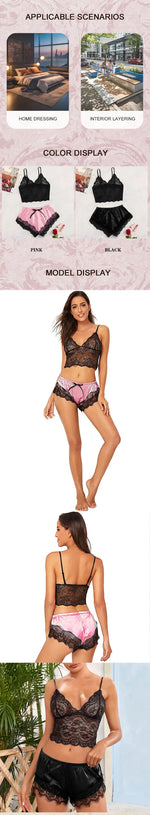 2PCS Women's Satin Pajama Set Lace Cami Top and Shorts Sexy Lingerie Sleepwear Summer Breathable Nightwear Black And Pink