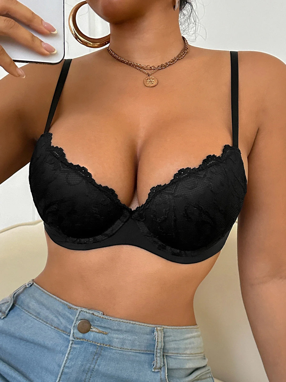 Knit Sexy Women's Thin Cup Lace Bras Lace Splicing Underwire Bra Push-Up Breathable Women's underwear