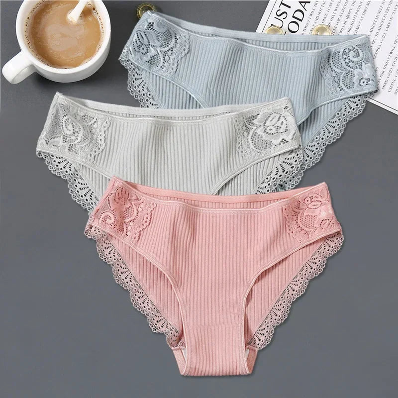 New 3Pcs/set Women's Cotton Panties M-2XL Women Patchwork Lace Underwear Sexy Low Waist Briefs Ladies Comfortable Underpants