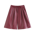 Burgundy Leather Wide Leg Shorts For Women High Waist With Pockets Stylish Daily Simple Casual Leather Button Zipper Shorts GQ6I