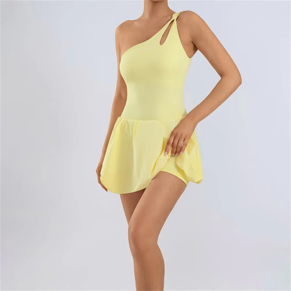 Pad Womens One Shoulder Strap Yoga Set Tennis Dress Built-in Bra Anti Shorts Athletic Golf Workout Dress SkortsXP168