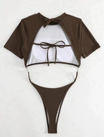 Bikini Women Swimsuit 2024 Blue Short Sleeve Hollow Out Thong Monokini Brazilian Beach Bathing Suit Push Up One Piece Swimwear