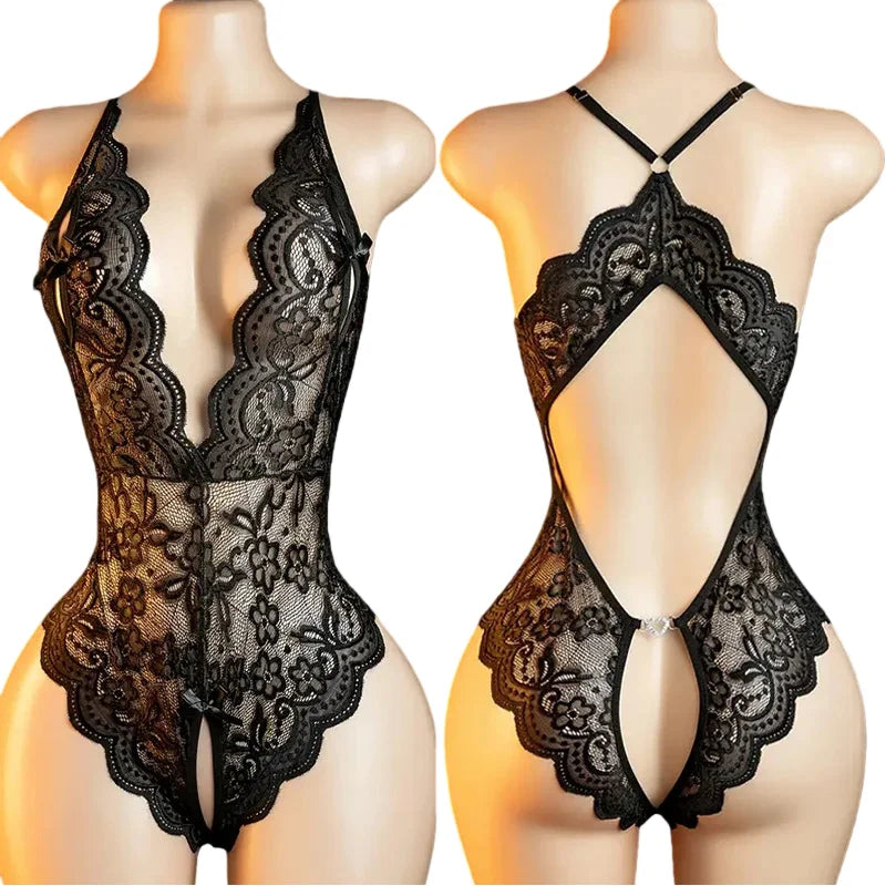 Transparent Sexy Crotchless Bra Set Lingerie Women Lace Hollow Bra Costumes Deep V Open Bra Underwea Erotic Backlesshot Bodysuit