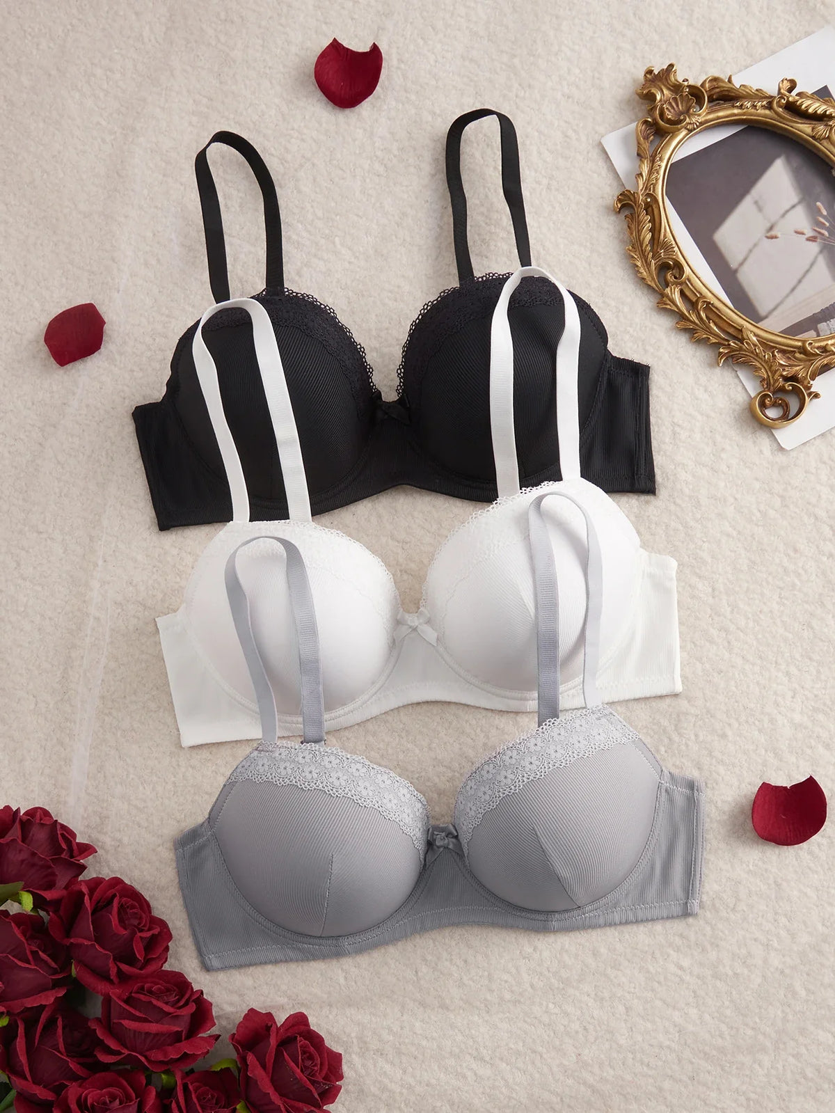 3PCS Plus Size Women's Underwear Set Lace Trim Ribbed Push up Bra Wide Shoulder Straps Underwire Thin Cup Comfy Lingerie Bra