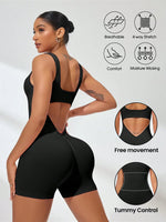 Women's Solid Colour Threaded Backless Yoga Suit U Neck Sleeveless Sports Jumpsuit Stretch Women Bodysuit Without Bust Pads