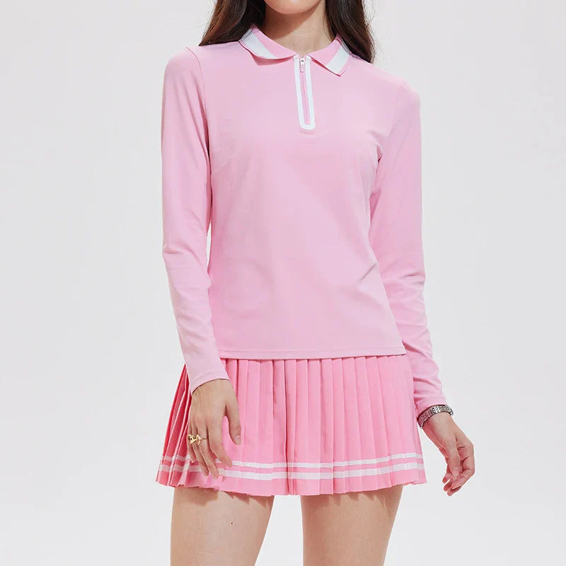 VITALINOVO Tennis Skirt Sets for Women Zipper Color Block Shirts High Waisted Golf Polo Two Piece Skirt Set Women 2 Piece Outfit