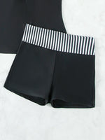 Women's Conservative Two Piece Swimsuit Black Stripe Print Patchwork Crop Top Tankini Set Beach Bathing Suit High Waist Swimwear