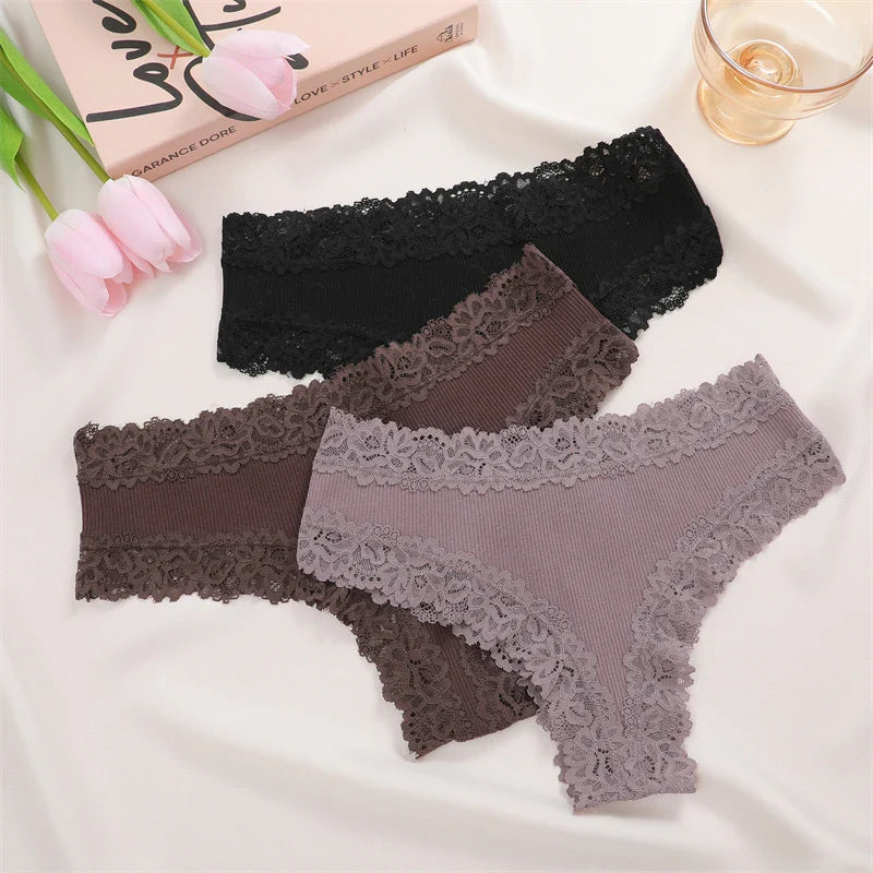 New Lace Seamless Cotton Panties Ribbed Maillard Brazilian Pants LowWaist Women Panties Breathable Girls Underwear Soft Lingerie