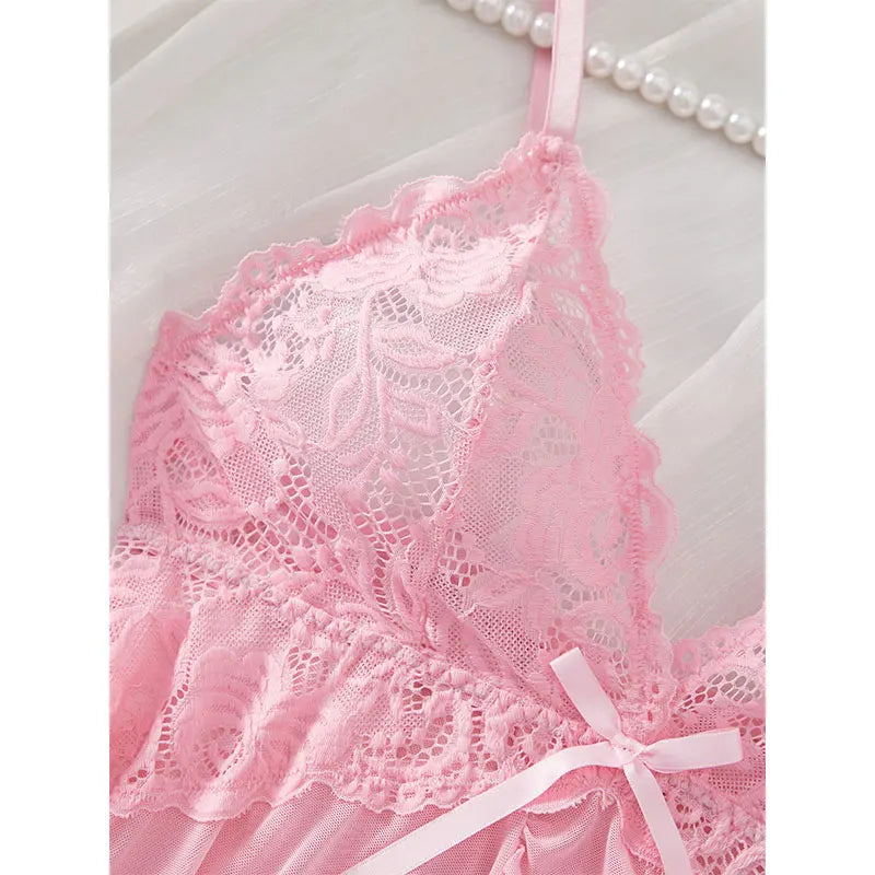 2025 Lace Sleeping Robe Nightgown Set Hot Erotic Pajamas With Summer Sleeveless Halter Dress Sexy Sleepwear For Plus Size Woman
