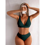 2023 New Sexy V-Neck Ribbed Bikini High Waist Swimsuit Women Solid Push Up Swimwear Female Bathing Suit Bikini Set Beachwear