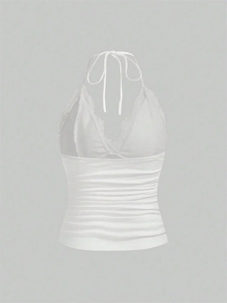 Lace V-neck Halter Top Women Summer Sexy Grunge Punk Goth Backless Ruched Crop Top Cami Top Streetwear Y2K Clothes 2024