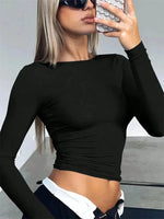 Basic Long Sleeve Crop Top for Women Spring Autumn Winter Round Neck Slim Fit Solid Color T-shirt Streetwear Tee Top