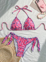 Cute Orange Floral Print Bikini Set Women Halter Ruffles Push Up Tie Side Thong Swimsuit 2026 Summer Bathing Suit Micro Swimwear
