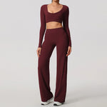Hearuisavy Sports Set 2Pcs Women'sLong Sleeve Backless Fitted Fitness Top Push Up Pilates Yoga Top Wide Leg Straight Leg Pants
