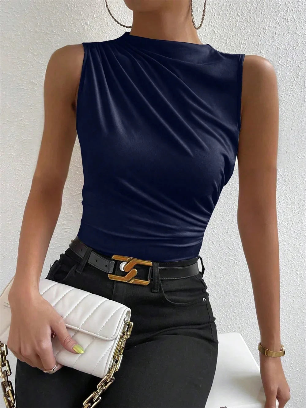 Women's Casual Mock Neck Ruched Tank Top Summer 2024 Solid Color Slim Fit Pleated Sleeveless T Shirt Tee Tshirt Streetwear
