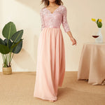 Elegant Lace Chiffon A-Line Long Dresses Women Wedding Dress Bridesmaid Dresses V-neck Mid-Sleeve Backless Zipper Female Dress