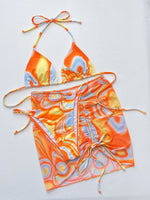 Sexy Orange Gradient 3 Piece Bikinis Sets Women Push Up Pleate Skirt Swimsuit Summer Bathing Suit Cover Up Swimwear Biquini 2024