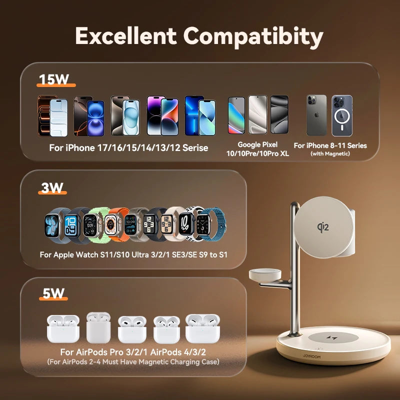 Joyroom 4-in-1 Qi2 Fast 15W Wireless Charger Magnetic Charging Station For iPhone 16-12 Series For iWatch For AirPods 4/3/2/Pro