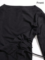 Women's Casual Solid Color Boat Neck Flare Sleeve T-Shirt Elegant Back Tie Slim Fit Long Sleeve Tops Spring/Fall