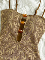 Vintage Coffee Leaves Print One Piece Swimsuit 2026 Women Beaded String Hollow Out Backless Mesh Slim Fit Tummy Control Swimwear
