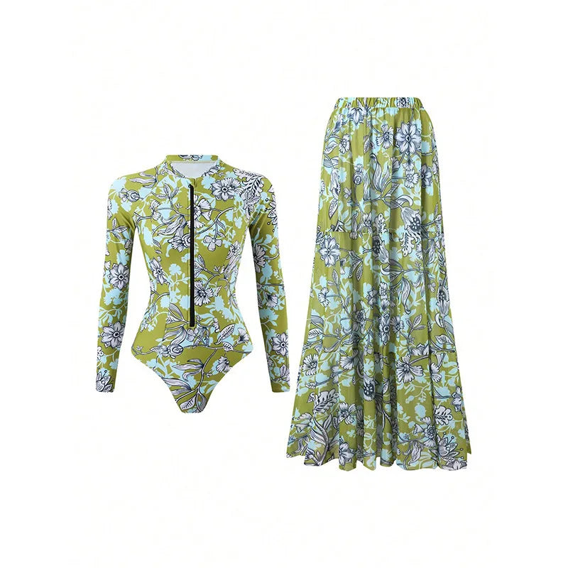 Vintage Green Leaves Print One Piece Swimsuit Long Skirt Sets Women Long Sleeve Zipper Slim Fit Bathing Suit Surf Swimwear 2026