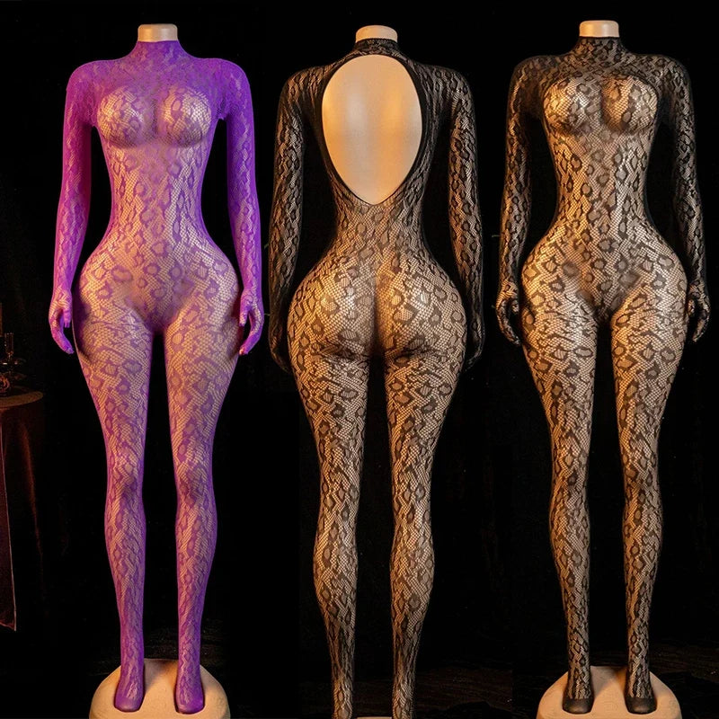 Hot Sexy Lingerie Erotic Crotchless Women Mesh Hollow Bodystockings Full Sleeve LeopardSling Hanging Neck Underwear Body Suits