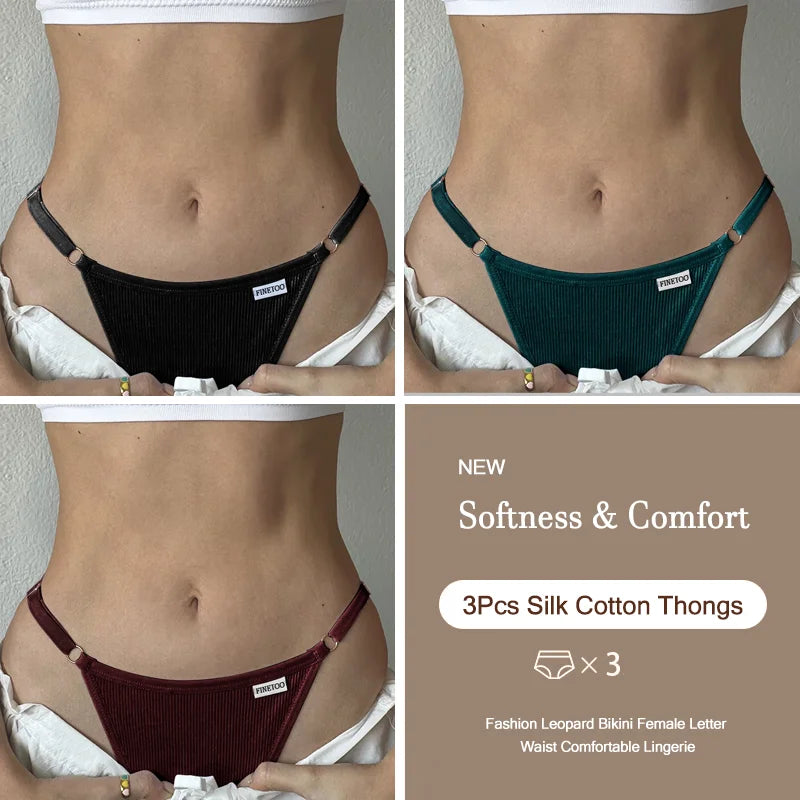 3PCS Women's Panties Cotton Thongs Adjustable Waist Sexy G-String Solid Color Seamless Intimate Female Underpants Lingerie S-XL