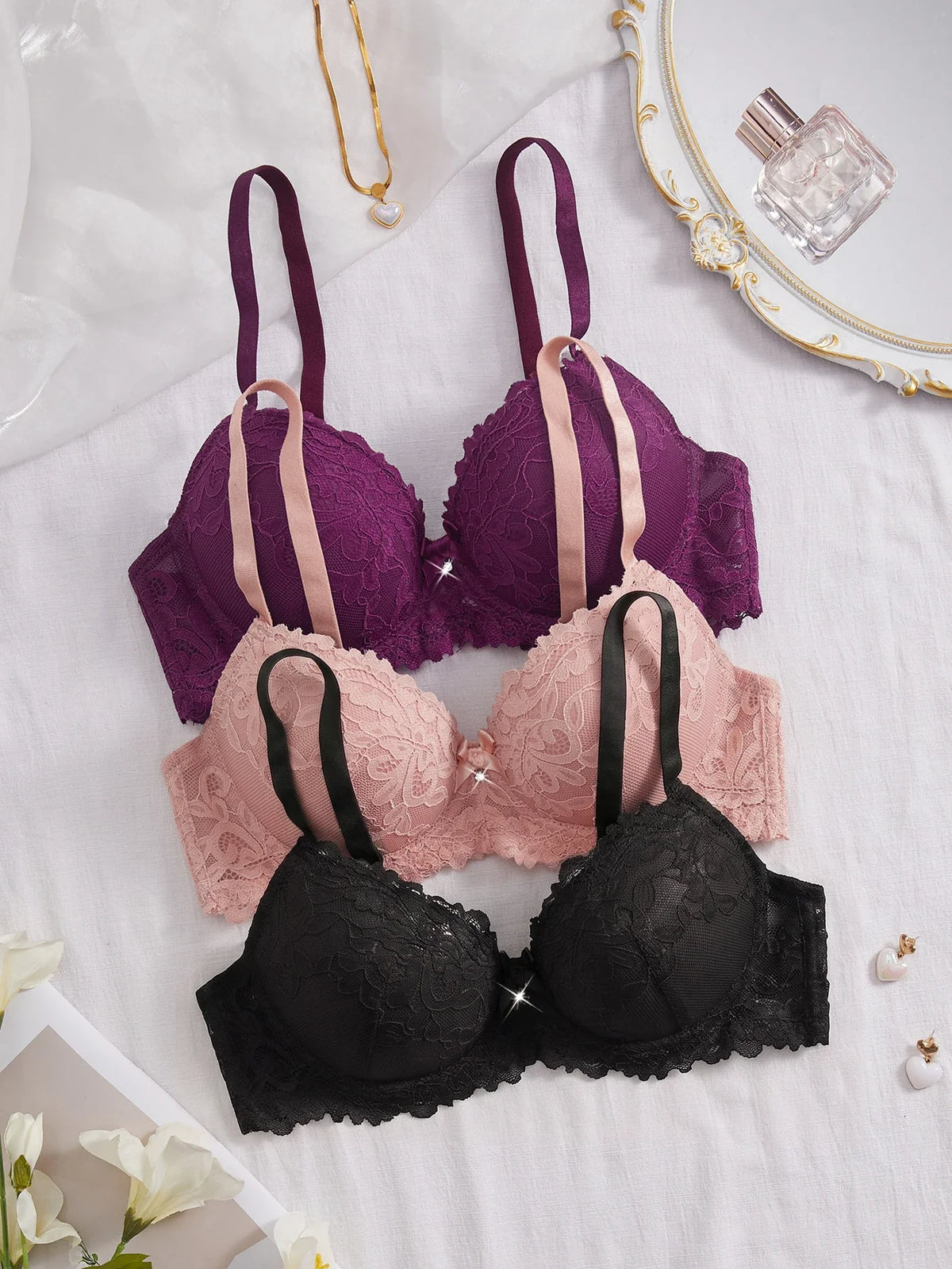 3Pcs Floral Lace Women's Underwear Set Daily Push-Up Bra Rhinestone Breathable Mesh Bra for Women