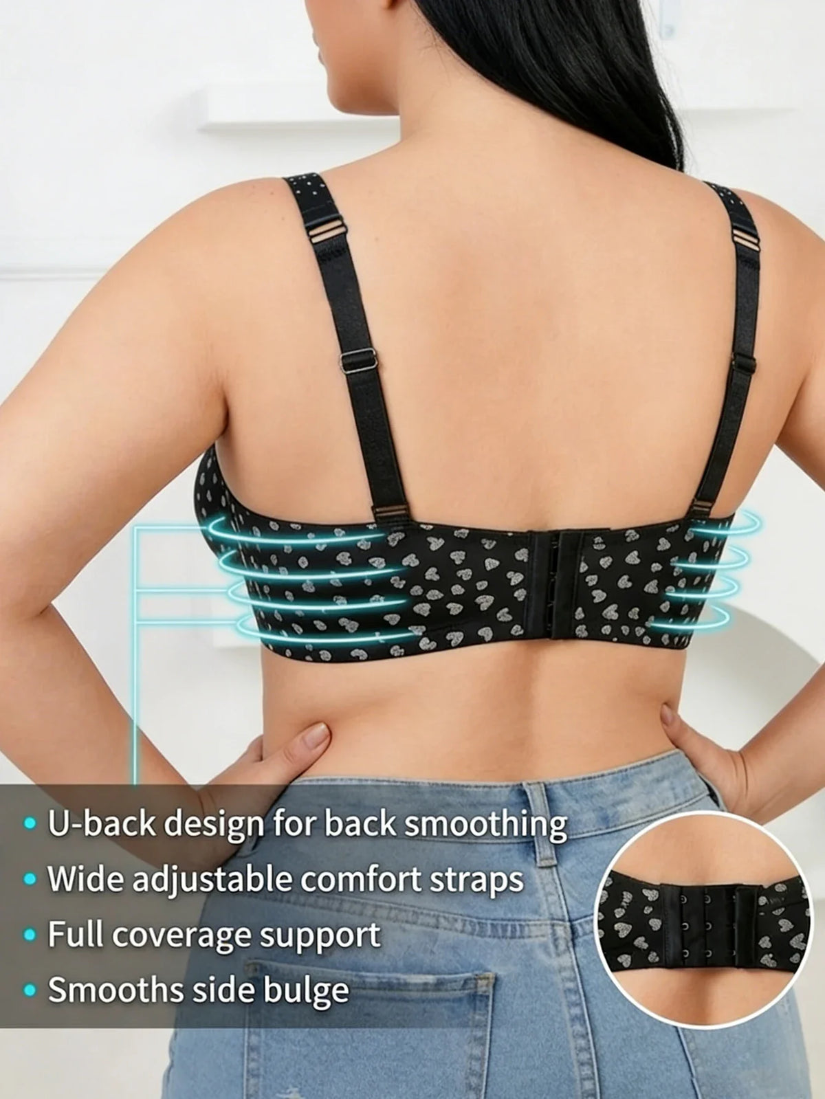 Plus Size Heart Pattern Women's Bra Stylish Push up Bra Rhinestones Adjustable Wide Straps Underwire Thin Cup Comfy Lingerie