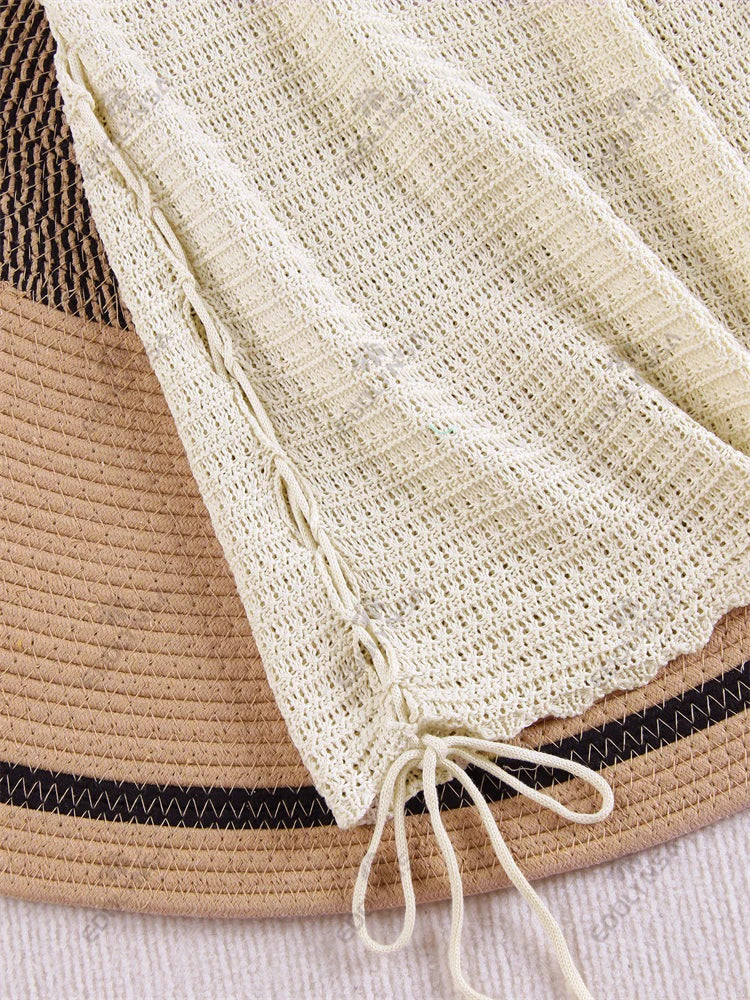 Solid Knit Halter V-neck Side Cross Straps Slim Beach Mini Dress 2026 Women Crochet Beach Swimsuit Cover Up Vacation Outfit K104