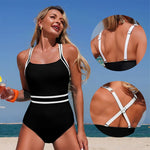 Sexy Black White Patchwork Swimwear Women 2026 Halter Back Cross Tummy Control One Piece Swimsuit Beach Holiday Bathing Suits