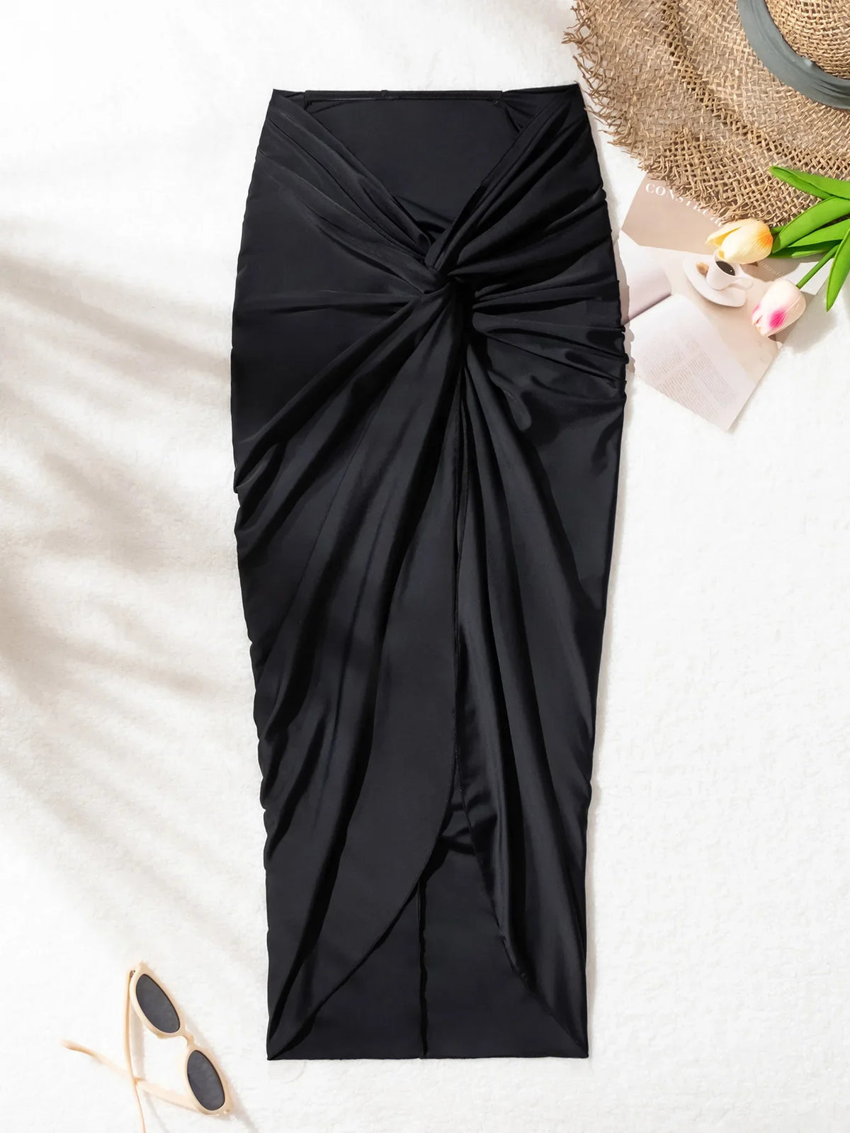 2025 New Pure Color Long Split Bikini Cover up Beach Dress Women Sexy Half Skirt Cross Border Fashionable Casual Wear