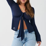 Women's Spring Summer Slimming Crop Tops Long Sleeve V Neck Tie Up Solid Color Trendy T-shirt