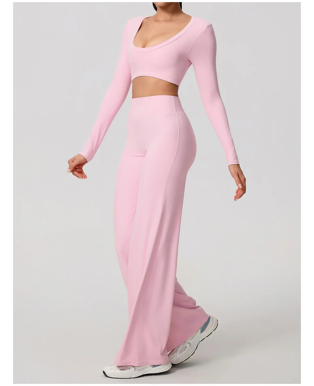 Hearuisavy Sports Set 2Pcs Women'sLong Sleeve Backless Fitted Fitness Top Push Up Pilates Yoga Top Wide Leg Straight Leg Pants