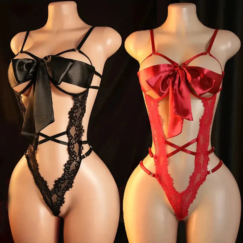 Crotchless Sexy Lingerie For Women Hot Erotic Open Bra Underwear Sexy CostumePerspective Temptation Bodysuit Lace Hollow Bra Set