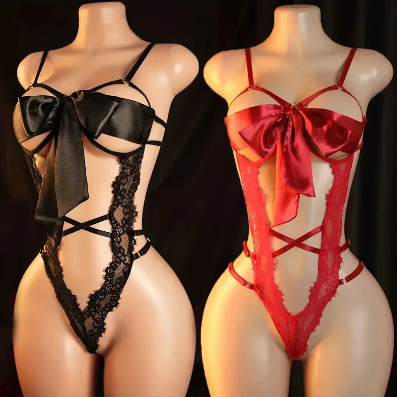 Nighttime Transparent Open Bra Porn Lingerie Corset Deep V Sexy Crotchless Underwear Women Lace Hollow Bras Hot Teddy Bodysuit