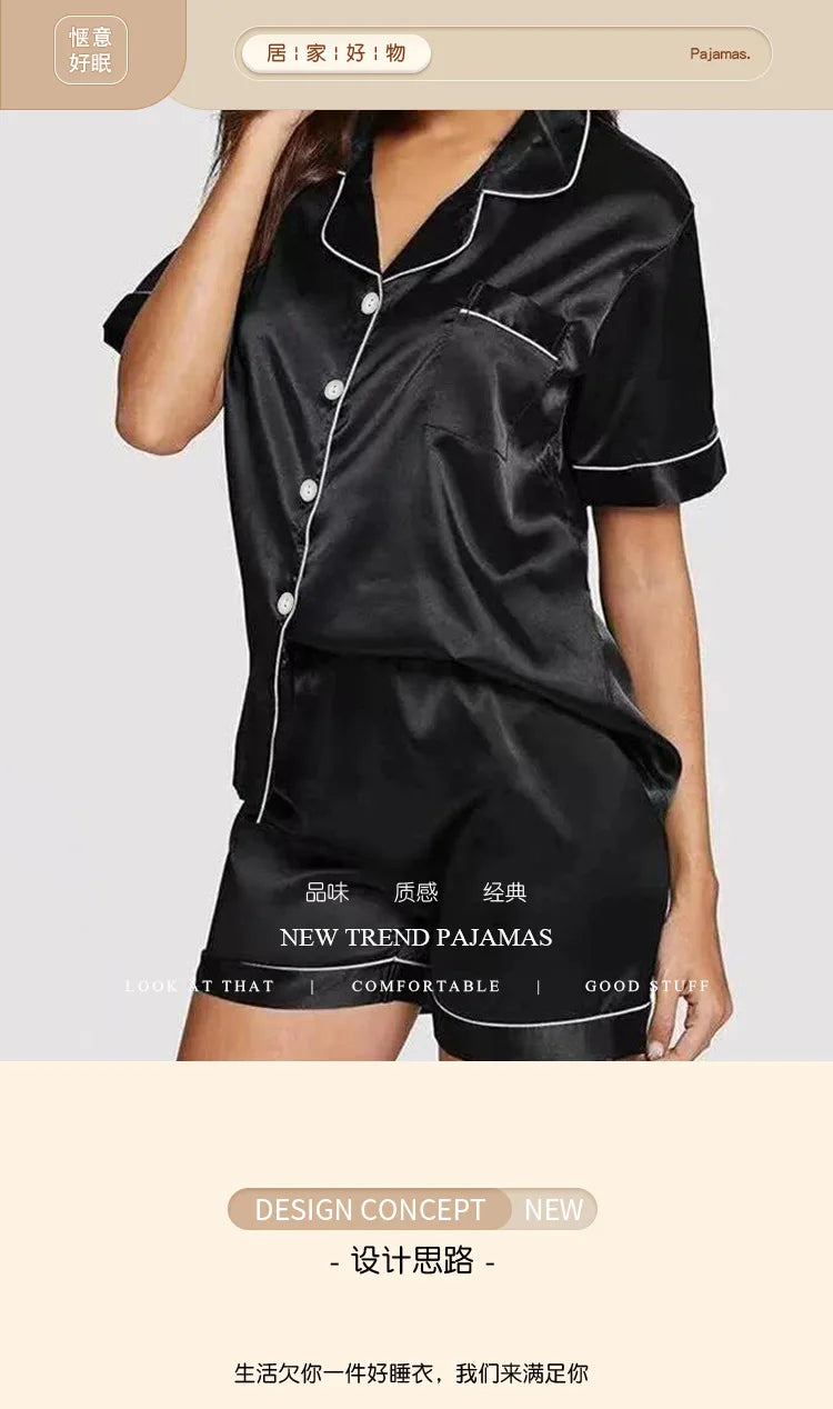 Sweet Simple Ice Silk Pajamas for WomenThin Short-sleeved Home Clothes Suit Nightwear Women's Pajamas Set Nightie Summer