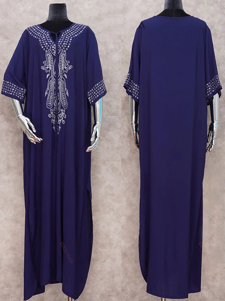 2026 Indie Folk Embroidered Short Sleeve Summer Dress Cotton Tunic Beach Kaftan Women Beachwear Swimsuit Cover Up Robe de plage