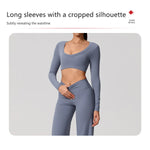 Hearuisavy Sports Set 2Pcs Women'sLong Sleeve Backless Fitted Fitness Top Push Up Pilates Yoga Top Wide Leg Straight Leg Pants