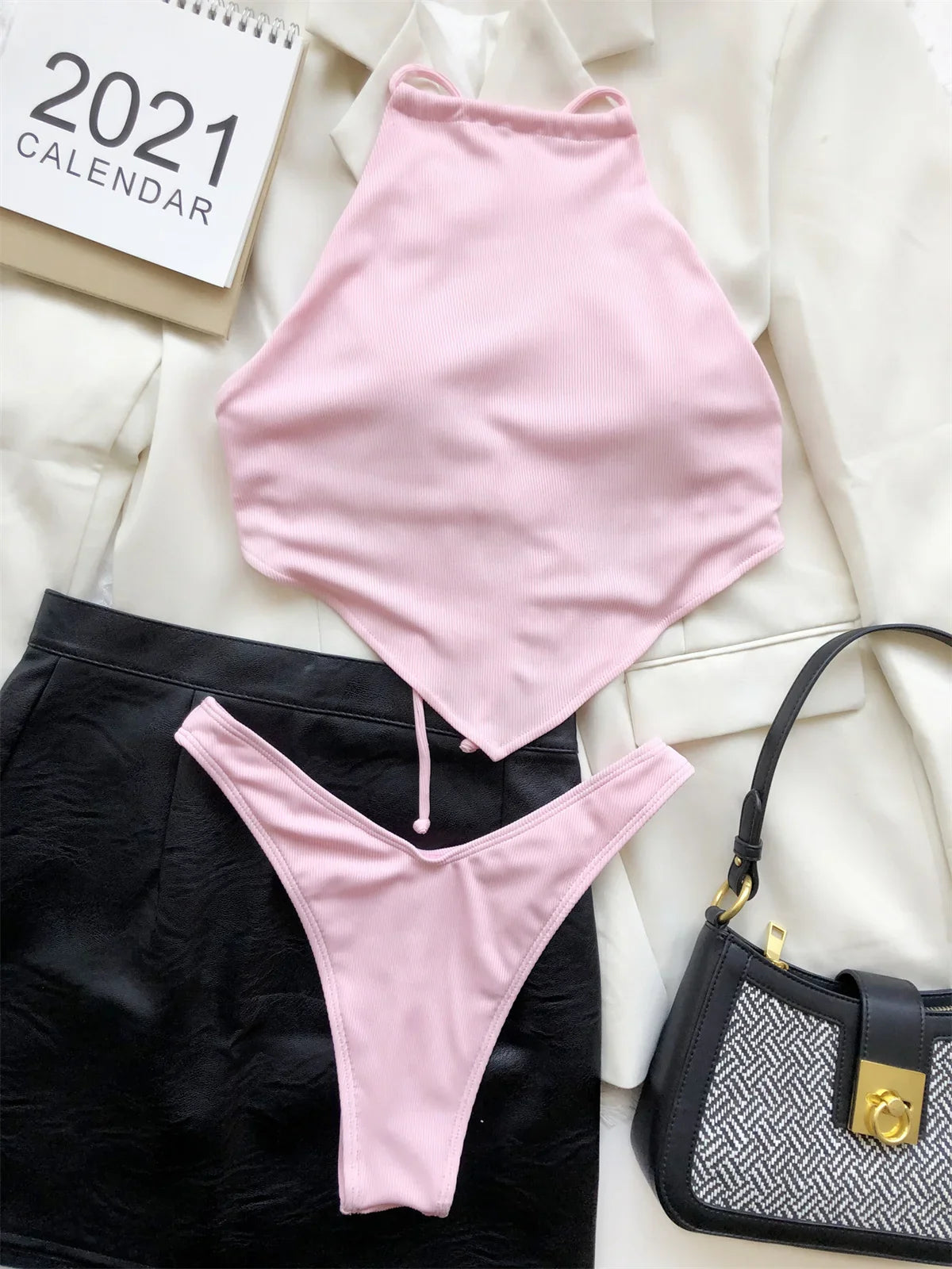 Sexy Ribbed Bikini Set Blue Pink High Neck Cut Out Push Up Crop Top 2 Piece Swimsuit Bathing Suit Thong Swimwear 2024 Beachwear