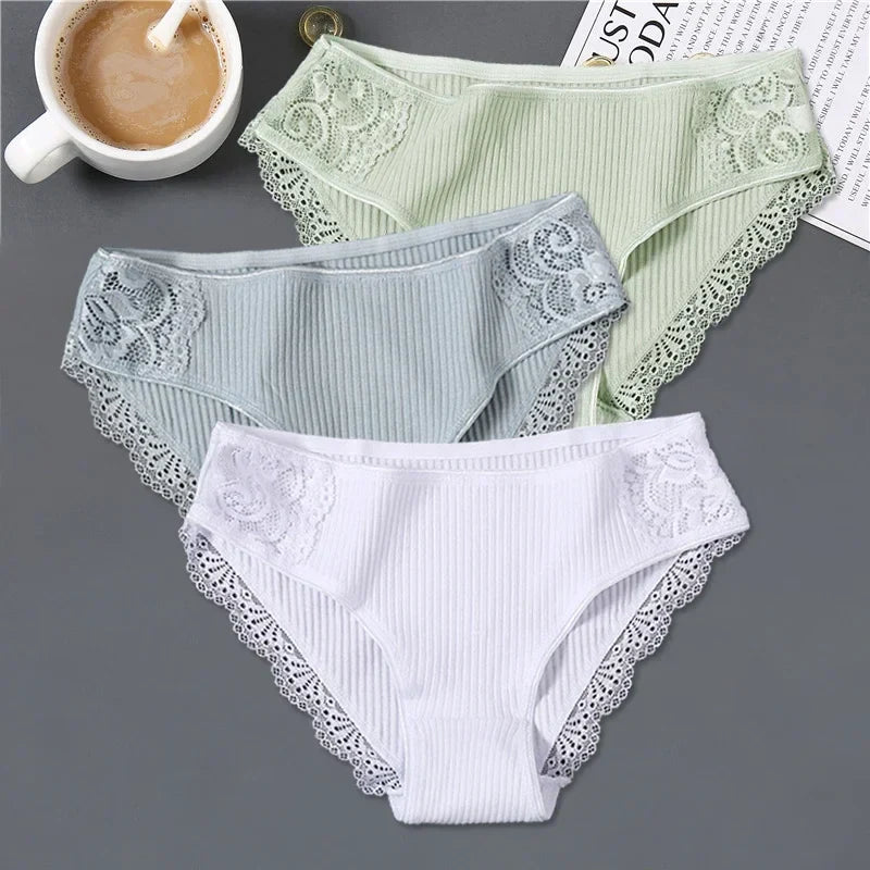 New 3Pcs/set Women's Cotton Panties M-2XL Women Patchwork Lace Underwear Sexy Low Waist Briefs Ladies Comfortable Underpants