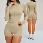 Yoga Suit Women Tracksuit Long-sleeved Jacket Shorts Suit Outfit Gym 2PCS Set Fitness Running Workout Clothes Push Up Sportswear