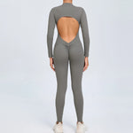Hearuisavy Summer V Back Sports Jumpsuit Yoga Clothes Rompers Women Long Sleeveles Workout Bodysuits Backless One-piece Suit