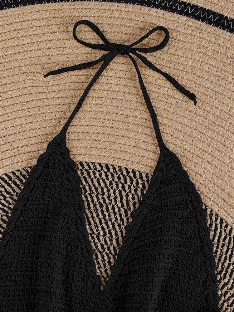 Solid Knit Halter V-neck Side Cross Straps Slim Beach Mini Dress 2026 Women Crochet Beach Swimsuit Cover Up Vacation Outfit K104