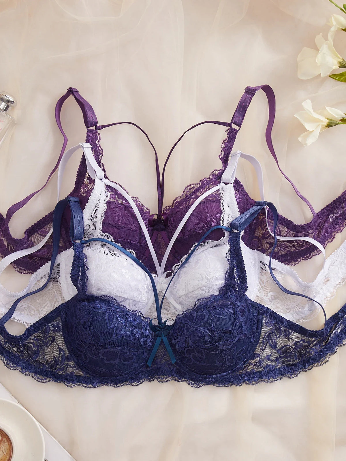 3Pcs Sexy Lace Women's Bra Crisscross Straps Underwire Push-Up Bralette Thin Soft Fashion Lingerie