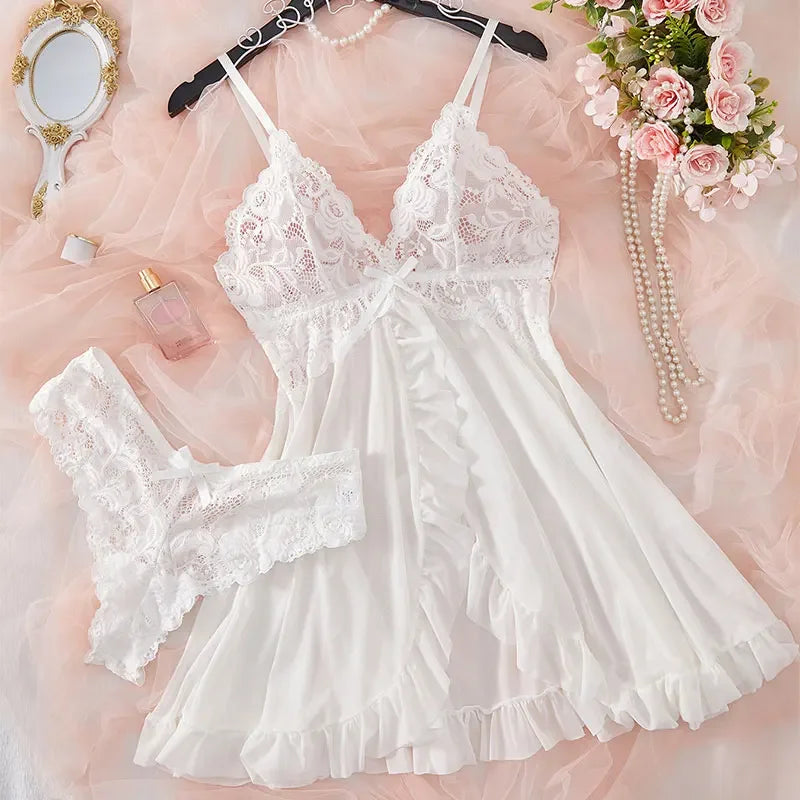 Sexy Lace Lingerie Set for Women, Red Sleepwear Nightdress with Matching Panties, V-Neck Sheer Lace Camisole, Romantic Night
