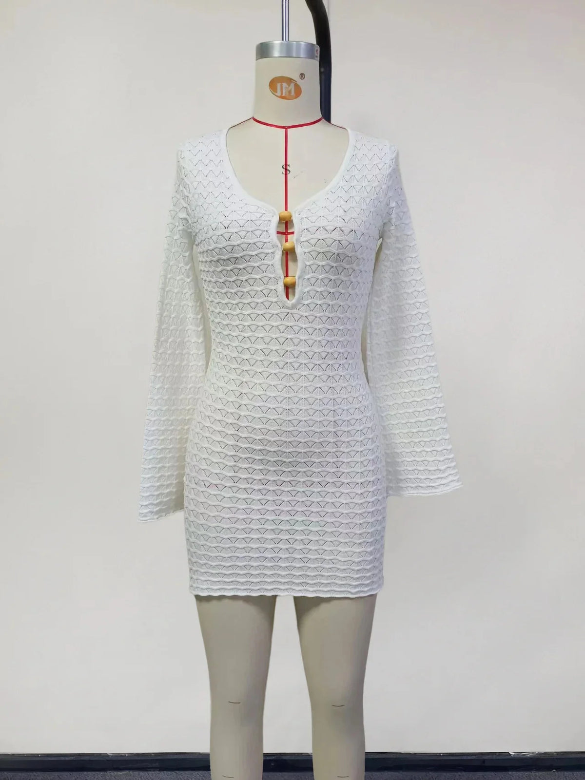 Sexy Boho Striped Chic V-neck Cut Out Bell Sleeve Knit Beach Mini Dress 2025 New Summer Women Seaside Holiday Swimsuit Cover Up