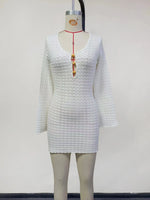 Sexy Boho Striped Chic V-neck Cut Out Bell Sleeve Knit Beach Mini Dress 2025 New Summer Women Seaside Holiday Swimsuit Cover Up